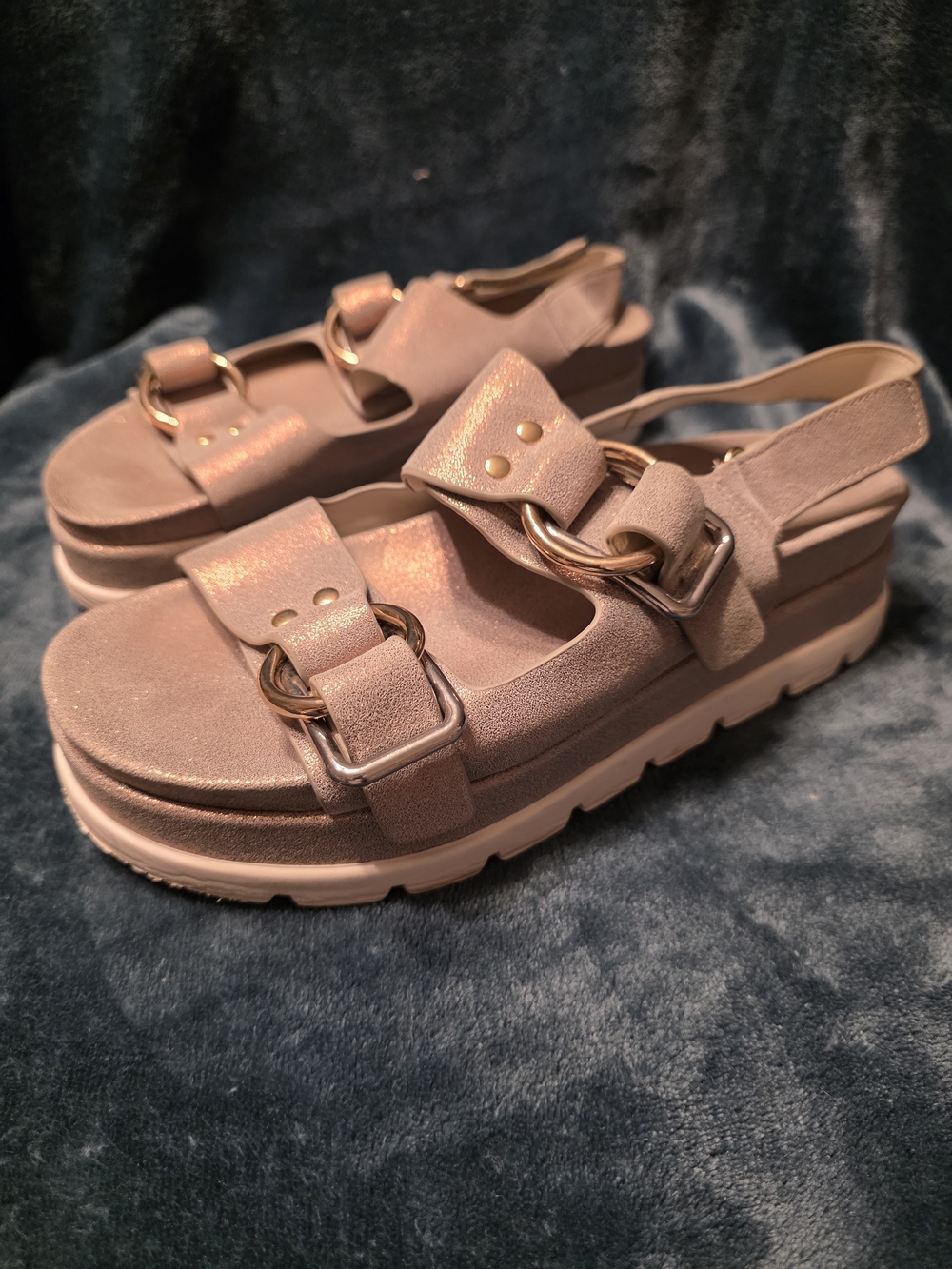 J Slides Blush Pink Platform Slingback Sandals with Gold Rings